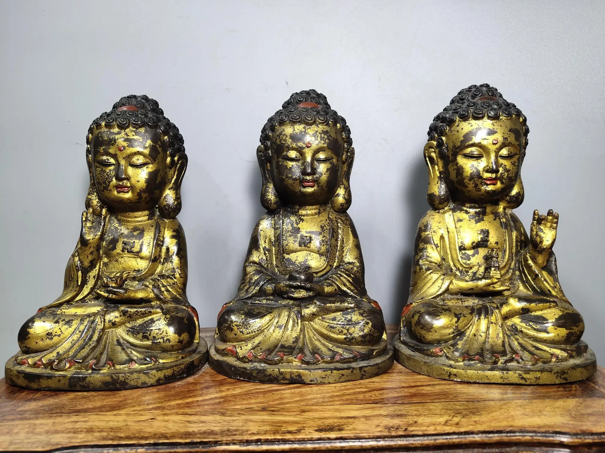 

Home Decor 8" Tibet Buddhism Temple Old Bronze Gilt Baby Sakyamuni Three statues Shakyamuni Buddha Statue Amitabha
