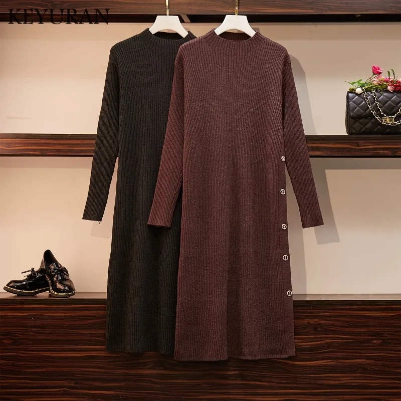 Плюс размер 4XL модное платье-свитер на пуговицах женское осенне-зимнее платье