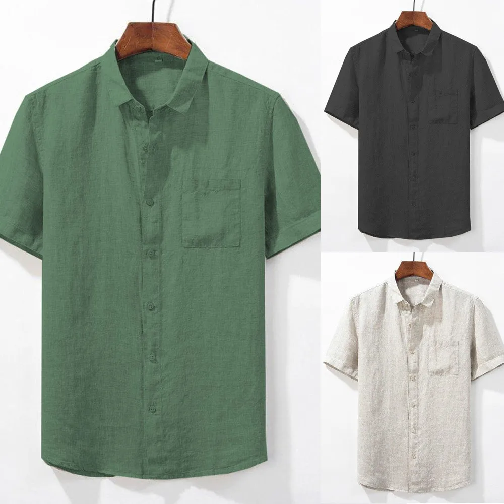 

Summer Mens Collarless Henley T-Short Sleeve Shirts Breathable Button Tops Lightweight Cotton Linen Solid Color Shirts