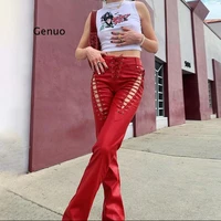 hollow out bandage hipster straight trousers women 2021 faux pu leather solid fashion street style pants female hot