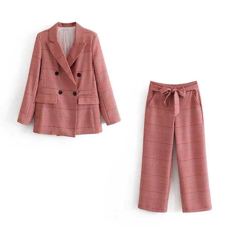 

Women's suit spring and autumn check casual suit 2-piece suit blazer with pants women's thin double-breasted suit костюм женский