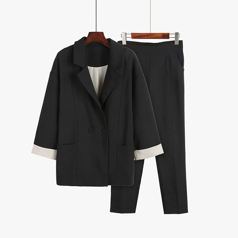 

2020 Autumn Blazer Set Female Ladies Casual Pant Suit 2 Pieces Set Women Long Sleeve Blazer & Elastic Waist Suit Pants
