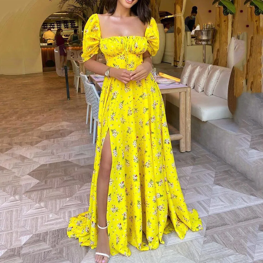 

WEPBEL Dress Women's Casual Printed Pleated Slim Dress Summer Fashion Short Sleeve Backless Slit Square Collar Dress