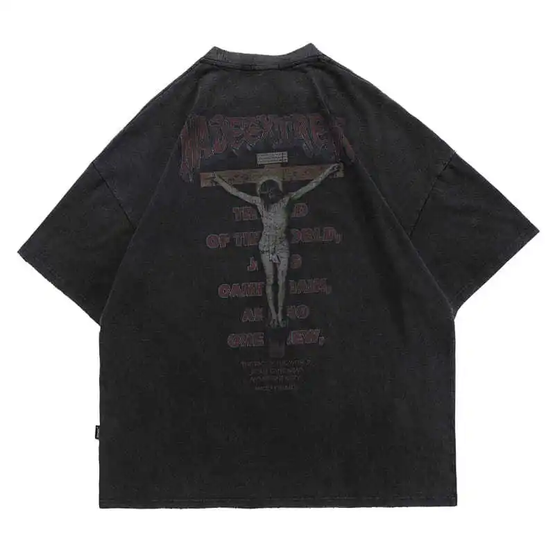 

Mralmost Old Wash High Street Dark Jesus Print European And American Retro T-Shirt Short Sleeve Fashion Brand Top Groot Befree