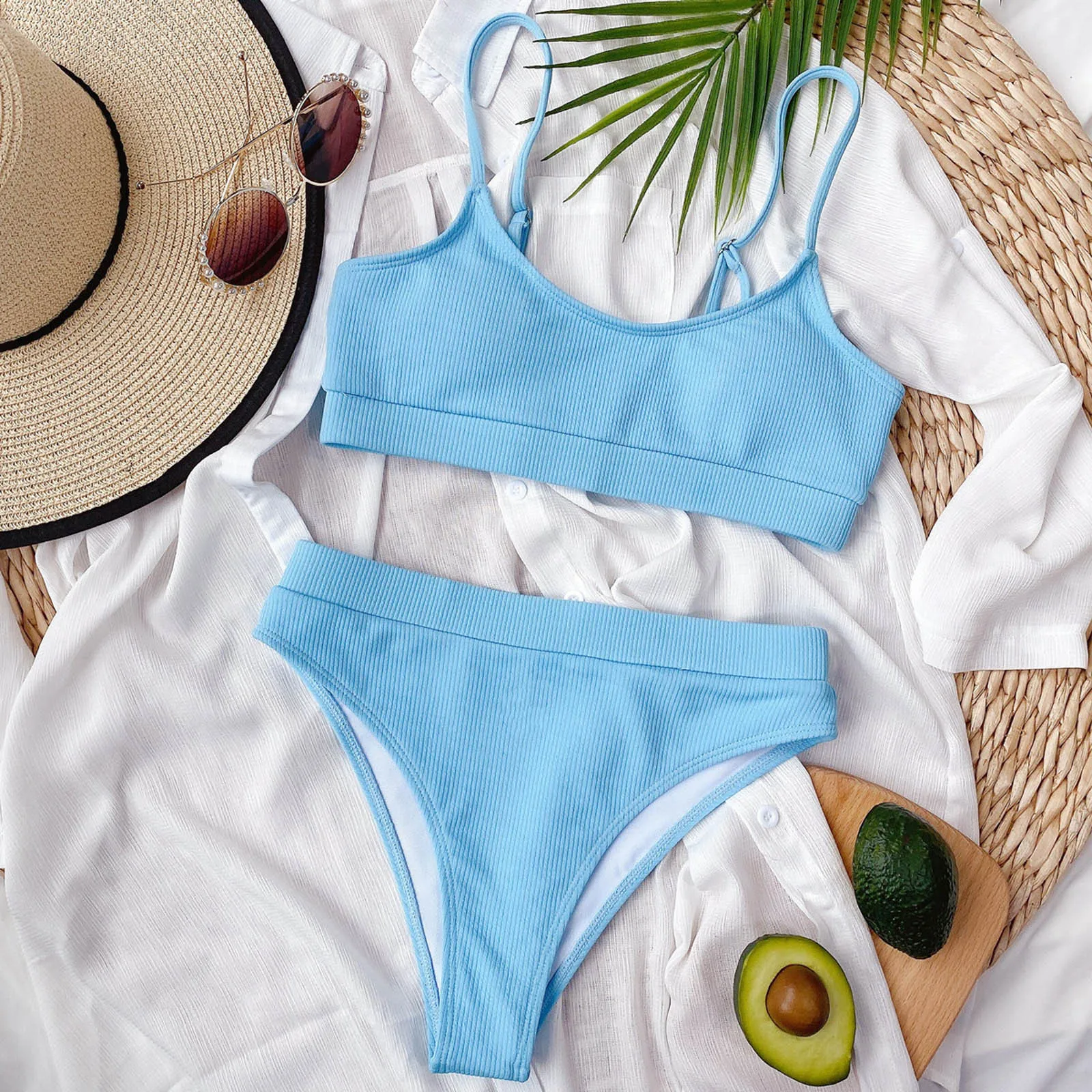 

High Waist Swimwear 2021 New Solid Color Bikinis Women Push-Up Swimsuit Vintage Bathing Suit Ladies Biquini Beachwear Set