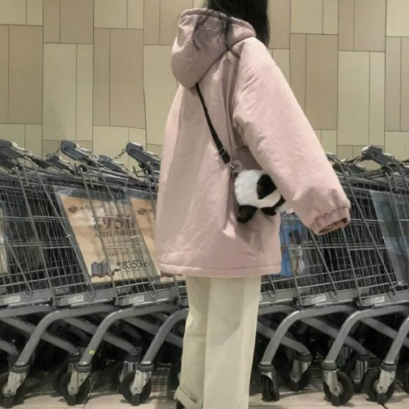 

Short Style Parkas Womens Pink Sweet Lovely Girls Zipper Loose Korean Style Outcoat Casual Trendy All-match Newly Daily Fashion
