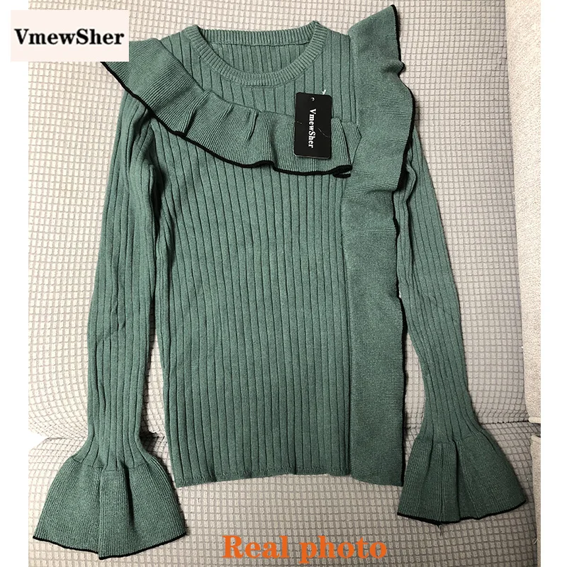 

New Elegant Front Ruffles Women Sweater Long Sleeve Knitwear Slim Autumn Spring Pullover Elastic Jumper Lady Knit Top