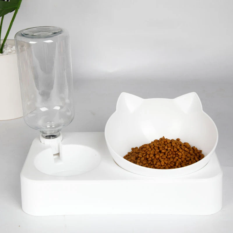 

Tilted Double Pet Feeding Bowls Cat Automatic Feeder Drinker With Raised Stand Cat Dog Neck Guard Drinking Bowl Water Dispenser