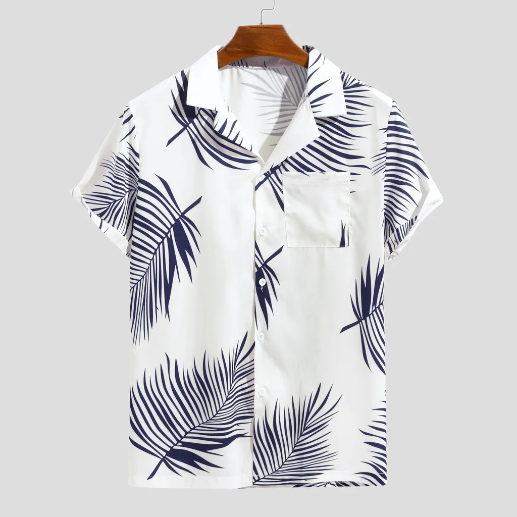 

New summer men's lapel casual fashion shirt leaf print Hawaiian beach style pocket short sleeve quick-drying male blouse