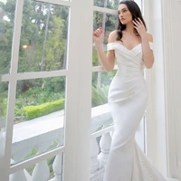 eightree simple soft satin mermaid wedding dress with detachable train off the shoulder short sleeves floor length formal gowns