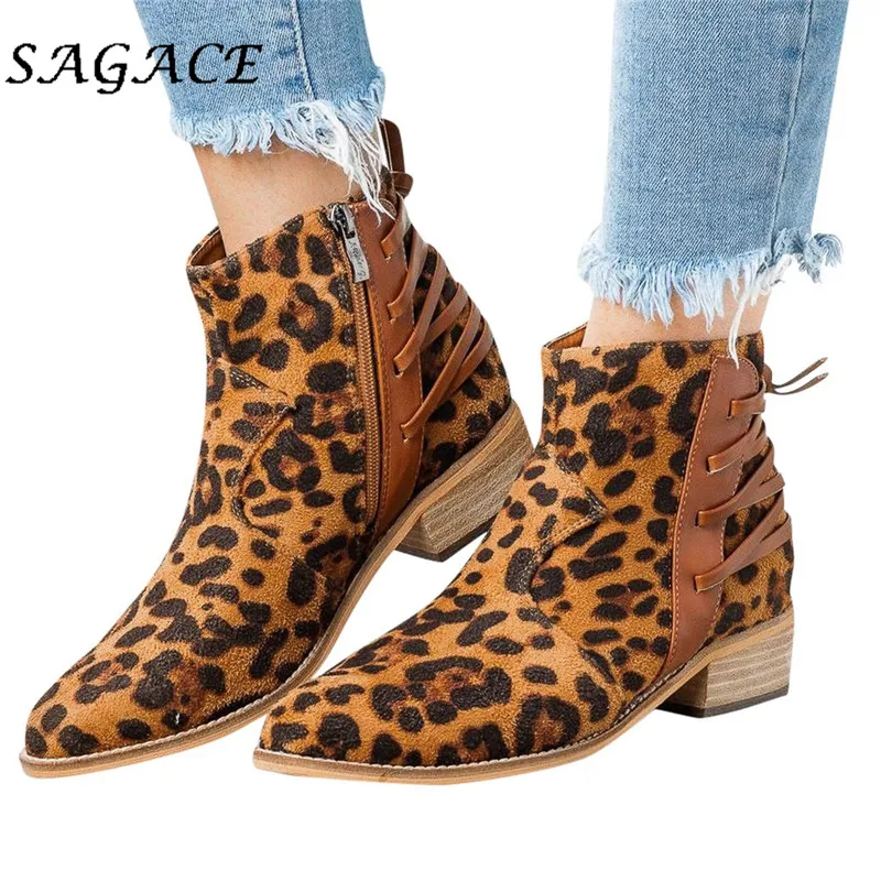 SAGACE Shoes ladies flock Ankle boots Leopard women Round Toe square heel zipper 2019 winter Middle platform | Обувь