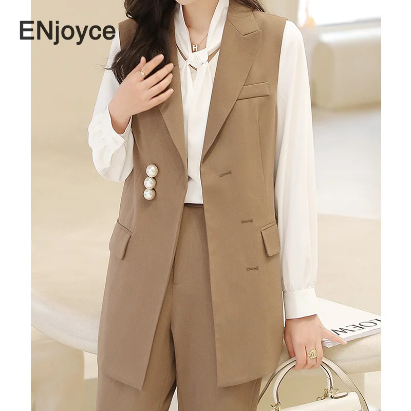 

2021 Spring Fall Office Ladies Blouse Pant Vest Suit Three Pieces Sets Fashion Women Elegant Suits Long Sleeve Tops Trousers Set