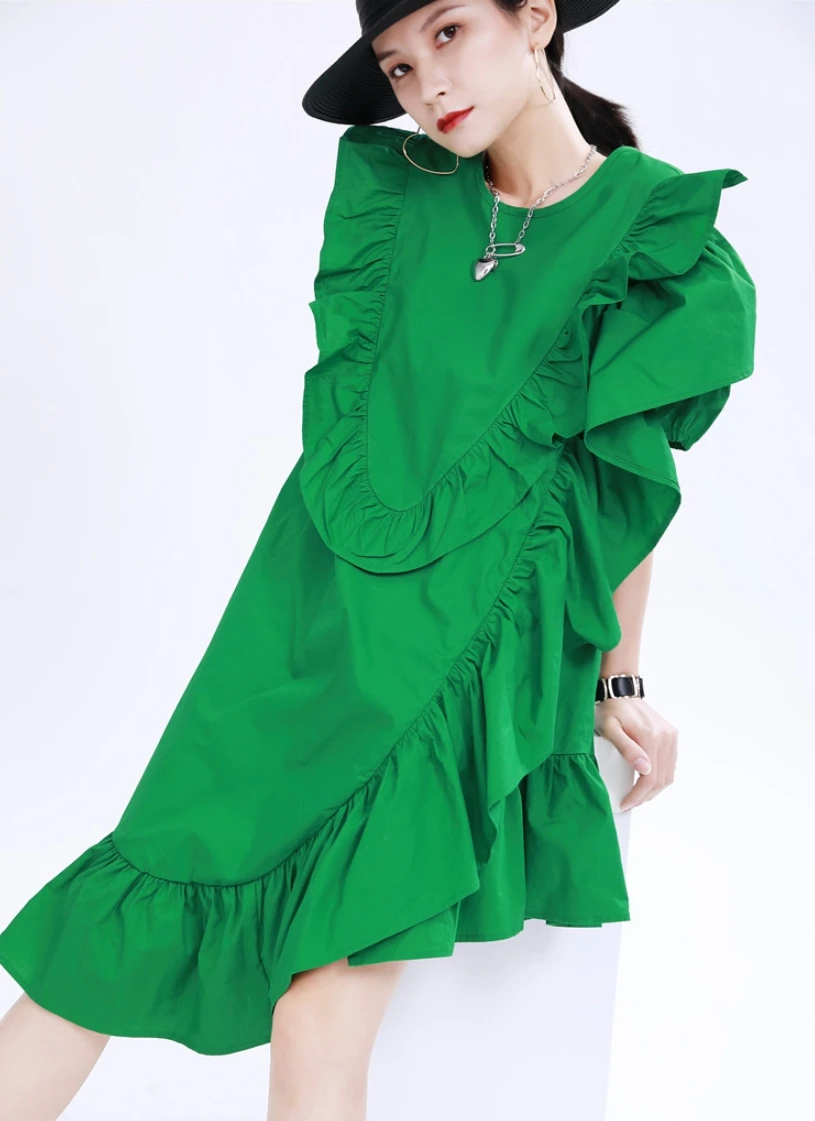 

Design Sense Three-Dimensional Fungus Lace Dress Summer 2020 New Female Ruffled Dress green black white