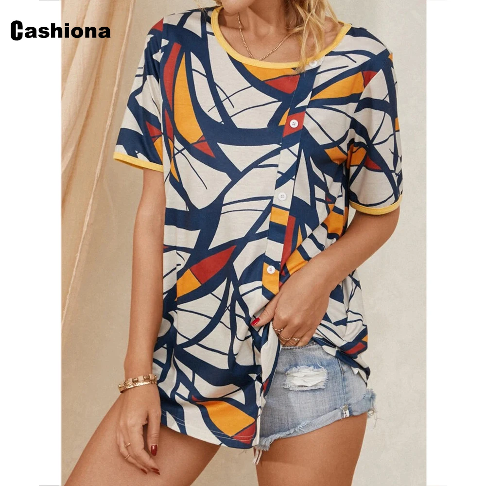 

Женская футболка в полоску, с коротким рукавом и пуговицами