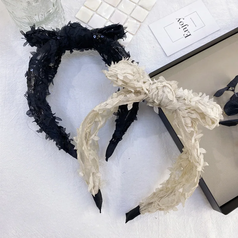 

ncmama New Fashion Headband Women Hairband Wide Side Headband Lace Sequins Bow Knot Hair Band Adult Hair Accessories Wholesale