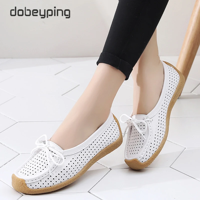 

Fashion Cut Outs Summer Women's Shoes Genuine Leather Woman Flat Loafers Lace Up Female Sneakers Shallow Moccasins Ladies Shoe