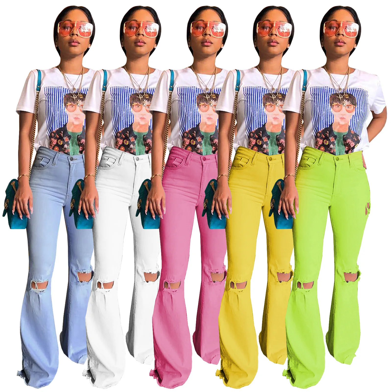 

Casaul Women Jeans Pants Ripped Hollow Out Flare Pants Solid Color High Waist Sportwear Clothes For Women Outfit