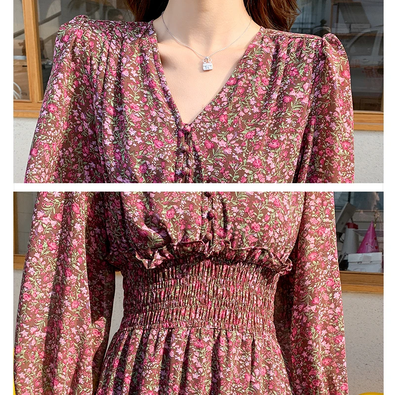 

2020 autumn new vintage floral dress female elegant waist thin v-neck flare long sleeve mid-length dress