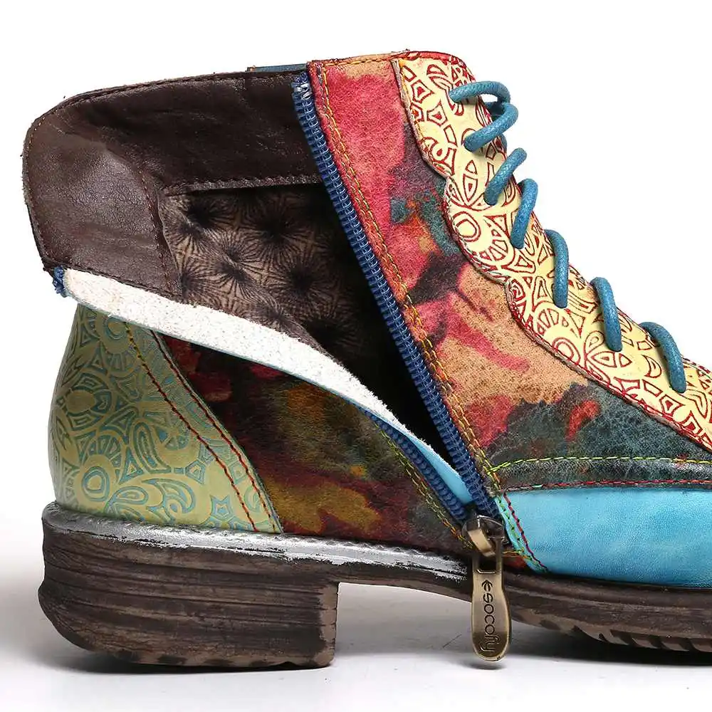SOCOFY/Botas Mujer; ботинки с цветочным узором из натуральной кожи на молнии; короткие ботинки на плоской подошве со шнуровкой; женская обувь; женская зимняя обувь