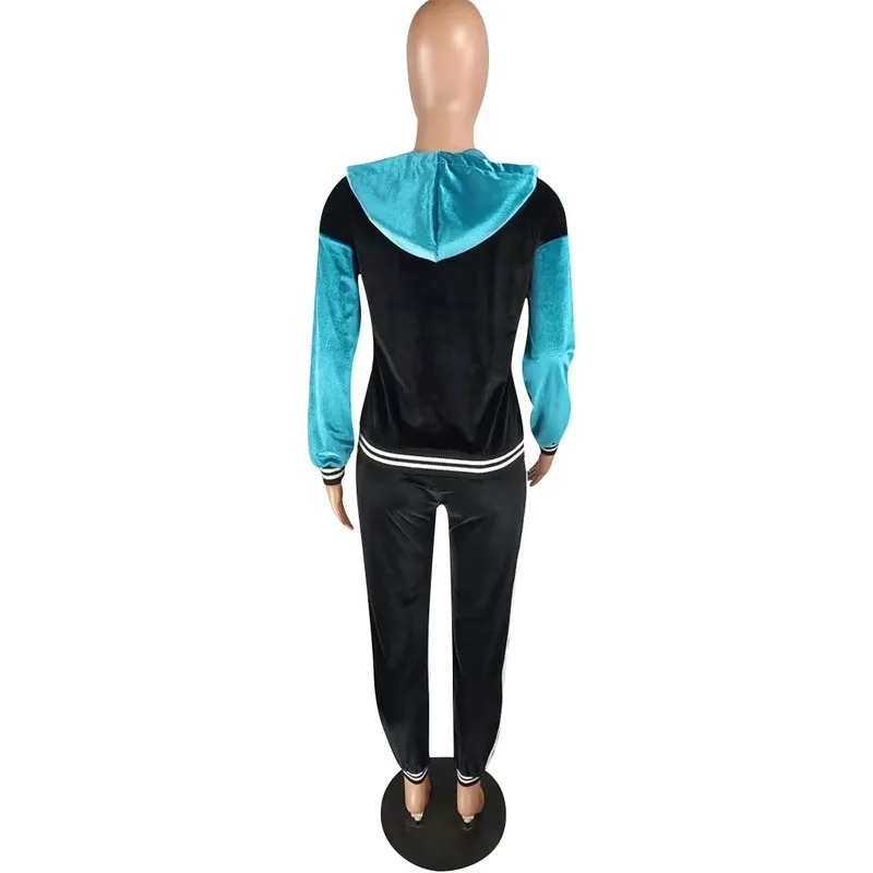 

Color Blocking Velvet Sexy Two Piece Set Matching Sets Women Long Sleeeve Zippers Hoodie + Long Trousers Fall Winter Tracksuit