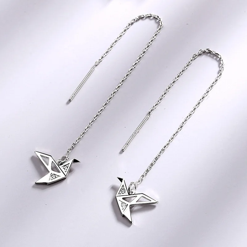 

Sweet Simple Paper Crane Long Ear Chain 925 Sterling Silver Tassel Drop Earrings For Women Jewelry Gift pendientes brincos Lady