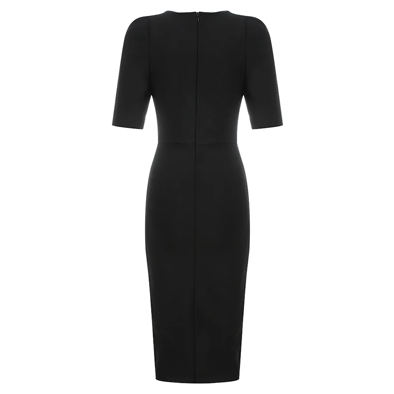 

Beateen Sexy V Neck Puff Short Sleeves Bandage Split Midi Dress 2019 New Fashion Lace Hollow Out Bodycon Women Party Vestidos