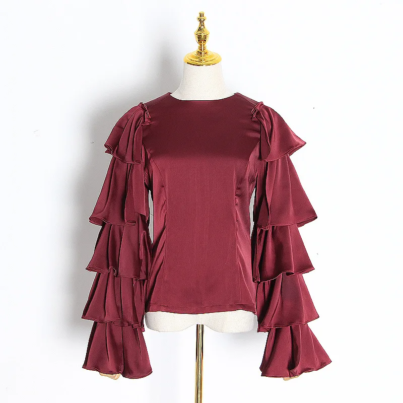

Elegant New Chic Ruffles Design Woman Shirts 2021 New Solid Fashion Women Blouse 2021 Aesthetic Satin O Neck Slim Zip Blusas