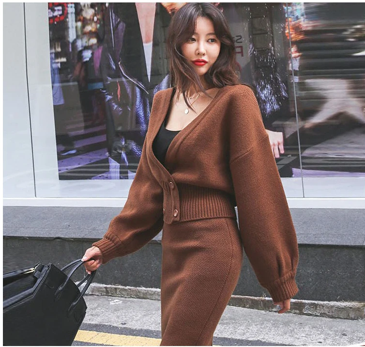 

Женский комплект из 2 предметов, кардиган, пальто, юбка, однотонная прямая юбка с высокой талией, модная одежда на осень и зиму, Женский костю...