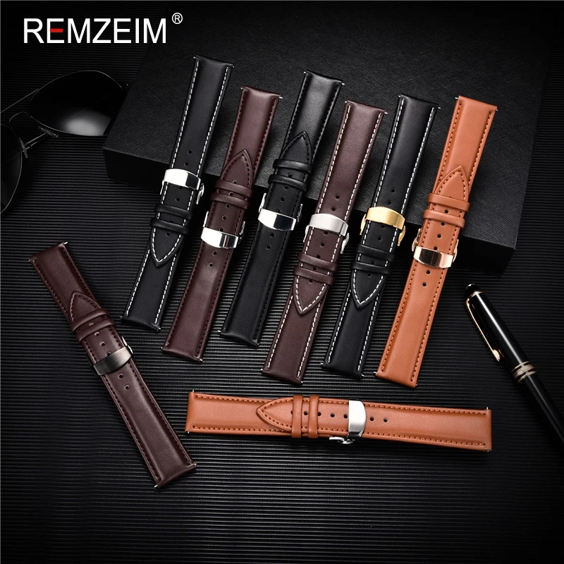 

REMZEIM Leather Watchband Strap 18/20/22/24MM Calfskin Watch Band Stainless Steel Buckle Watch Accessories Black Brown