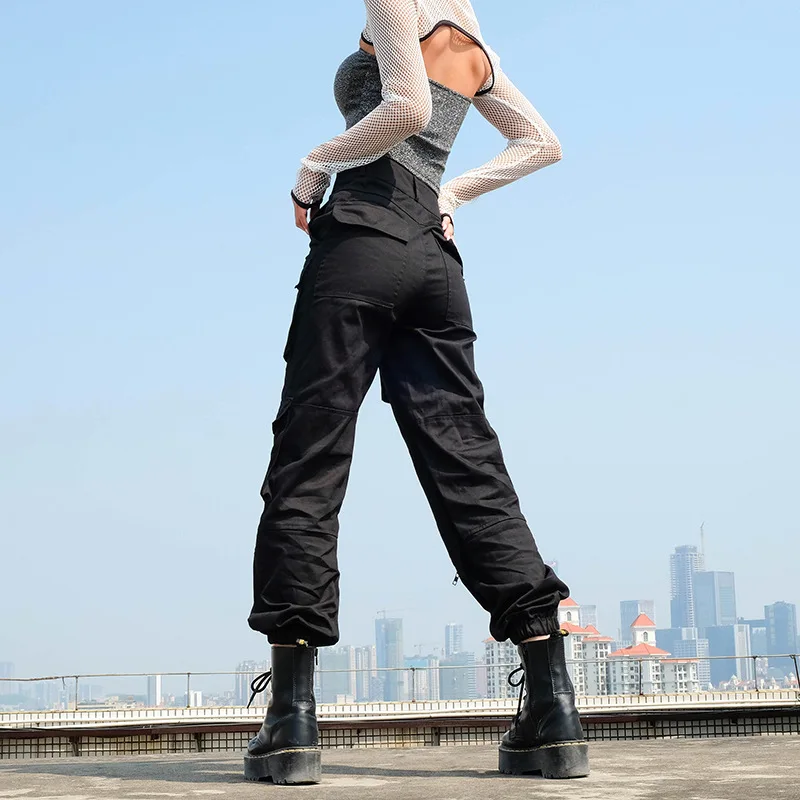 

2021 Style High Waist Streetwear Pants Women Pockets Patchwork Hippie Trousers Solid Casual Baggy Cargo Pants Black