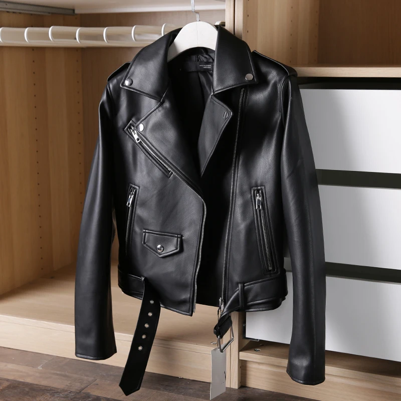 

Top Quality New Women Spring Autumn Pu Leather Jacket Moto Biker Faux Leather Jacket With Belt Long Sleeve Zipper Female Coat