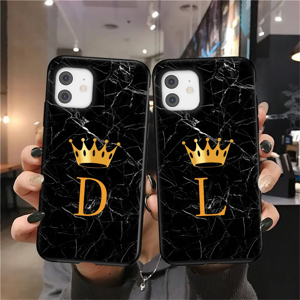 

Initial Letter A Z Crown Phone Case For iPhone 11 12 Mini Pro X XR XS Max 8 7 Plus SE 2020 Marble Texture Couples Soft TPU Cover