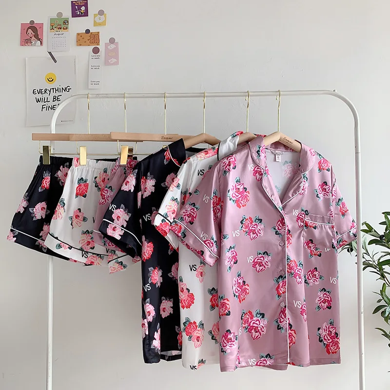 

New Women's Pajamas Ice Silk Satin Short Sleeved Pajamas Women's Suit Sexy Silk Slip Casual Home Clothes Short Sleeved Shorts