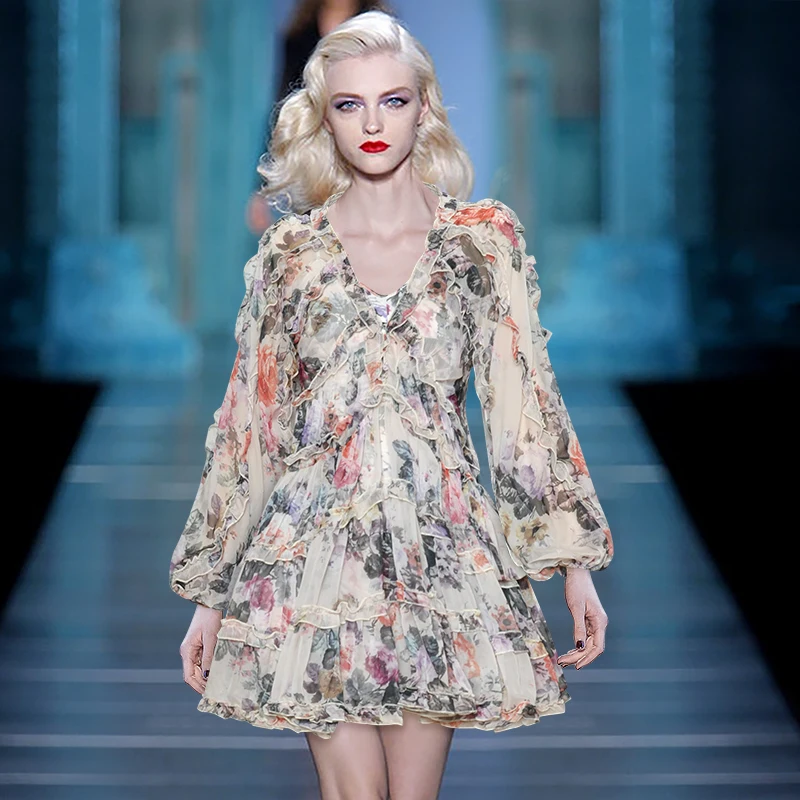 

Gedivoen 2021 Мода для подиума летние короткое платье, женское платье с v-образным воротом, с рукавами-фонариками с рюшами и цветочным принтом в ви...