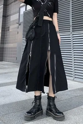 

Autumn new style black series irregular zipper dress women solid color casual high waist skirt