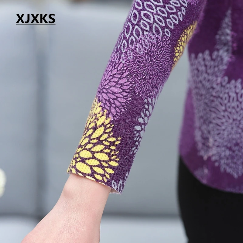 Женские свитера с длинным рукавом XJXKS Повседневные вязаные пуловеры принтом