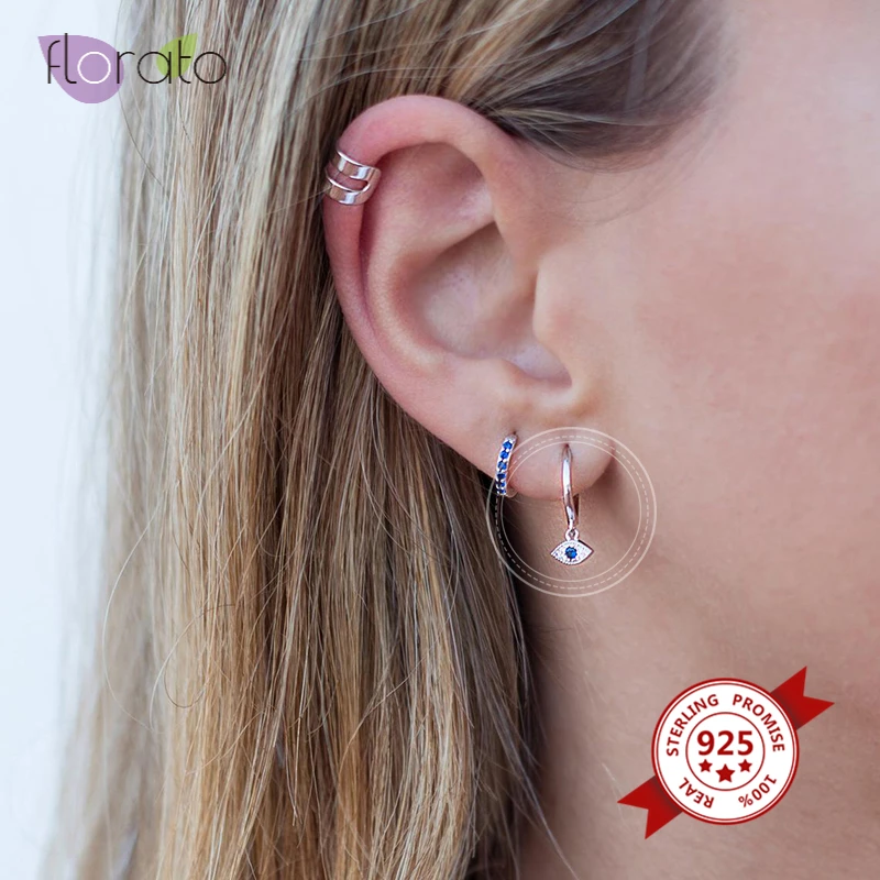 Европейские и американские 925 пробы серебряные синие CZ сглаза шарм Huggie серьги