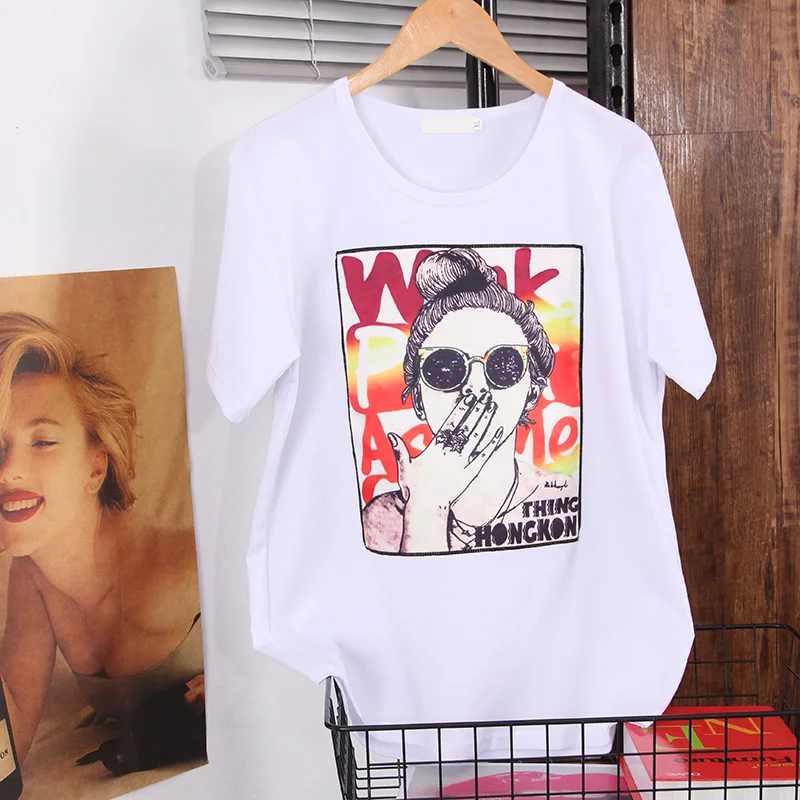 

2021 Summer women clothes new Korean many colours Short sleeve T-shirt fashion appliques printing Loose cotton Round neck tops