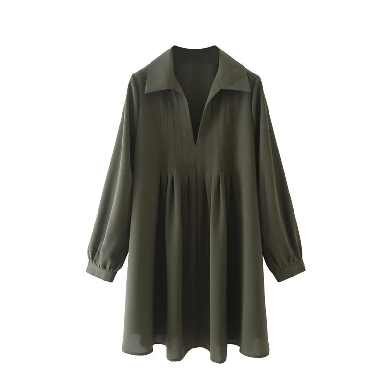 

2021 Fashion Women Green Pleated Shirt Dress Lantern Long Sleeve Office Ladies Mini Dress
