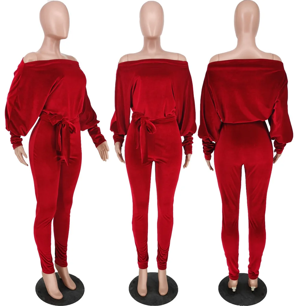 

Autumn Long Sleeve Off Shoulder Slash Sexy Velvet Jumpsuit for Female Elegant Skinny Bodycon Romper with Belt Overalls