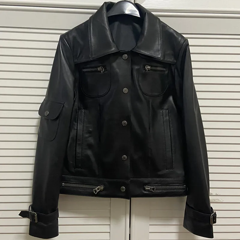 

GU.SEEMIO Factory Women Genuine Leather Jacket 100% Sheepskin Lamb Lady Thin Coat Fashion Motorcycle Jacket High Quality
