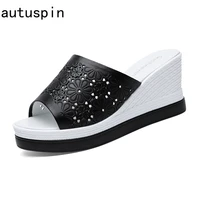 autuspin fashion hollow out women slides summer fashion wedges slippers female outdoor genuine leather lazy shoes white black