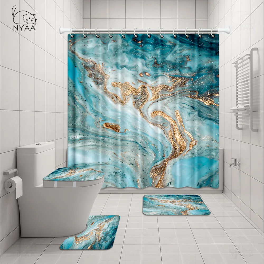 Economici Marmo Tenda Della Doccia Set Con Non-slip Da Bagno Tappetini, Coperchio Coperchio Wc, Bagno Zerbino, Durevole Impermeabile Tenda Della Vasca Da Bagno Per Vasca Da Bagno