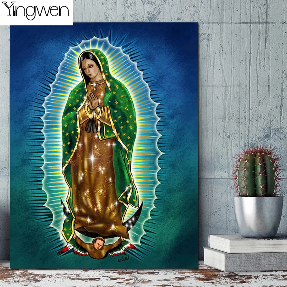 

Mexico Guadalupe Virgin Mary DIY Diamond Painting Full Kits Beads Embroidery Green Light Cross Stitch Lady Religion Home Decor