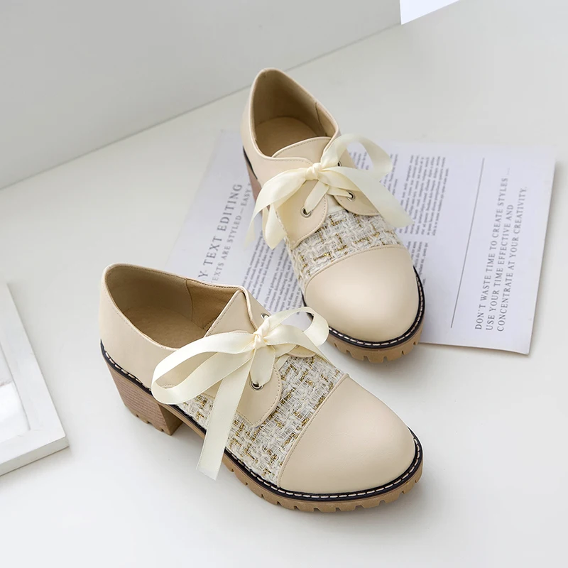 

Ribbon Ladies High Heels Student Thick-Heel Plaid Bowknot Shoes Tweed Cloth All-Match British Small Leather Shoes