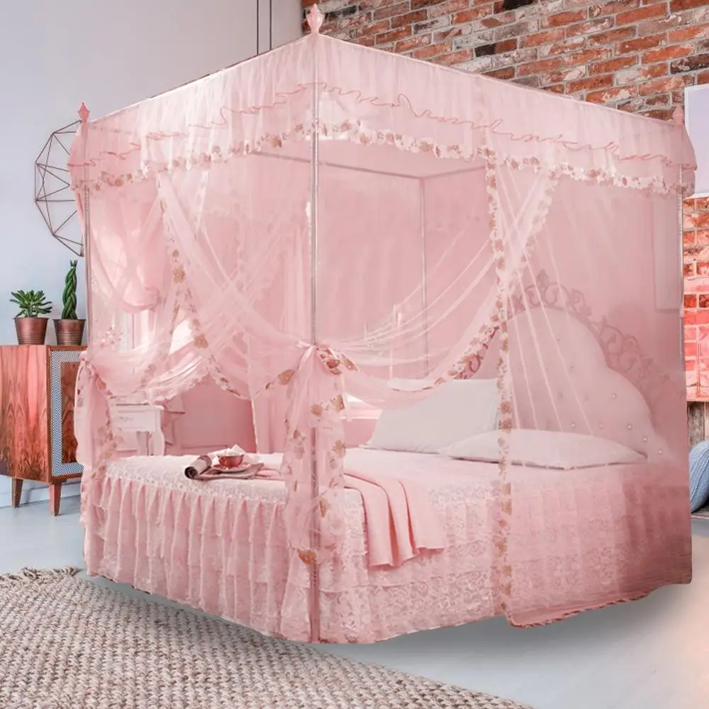 

Luxury Princess Canopy Bed Curtains 4 Corner 3 Side Openings Post Bed Curtain Canopy Netting Mosquito Net Bedding No Bracket