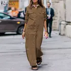 Женский Осенний сарафан ZANZEA 2022, модное однотонное платье-рубашка, Повседневное платье макси с разрезом, женское платье на пуговицах с лацканами