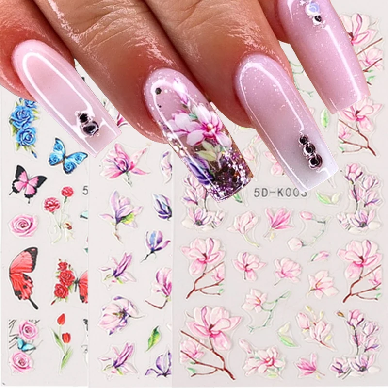 

1 Sheet 5D Embossed Nail Stickers Colorful Flower Water Slider Self Adhesive Transfer Decals Nail Art Decorations DIY Tips