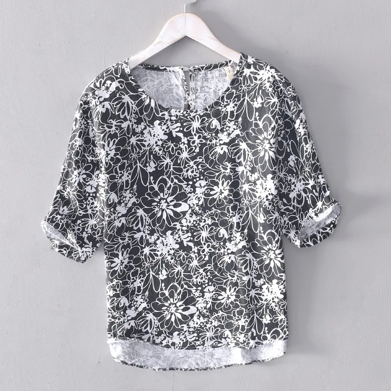 Мужская льняная футболка с коротким рукавом свободная модная круглым вырезом