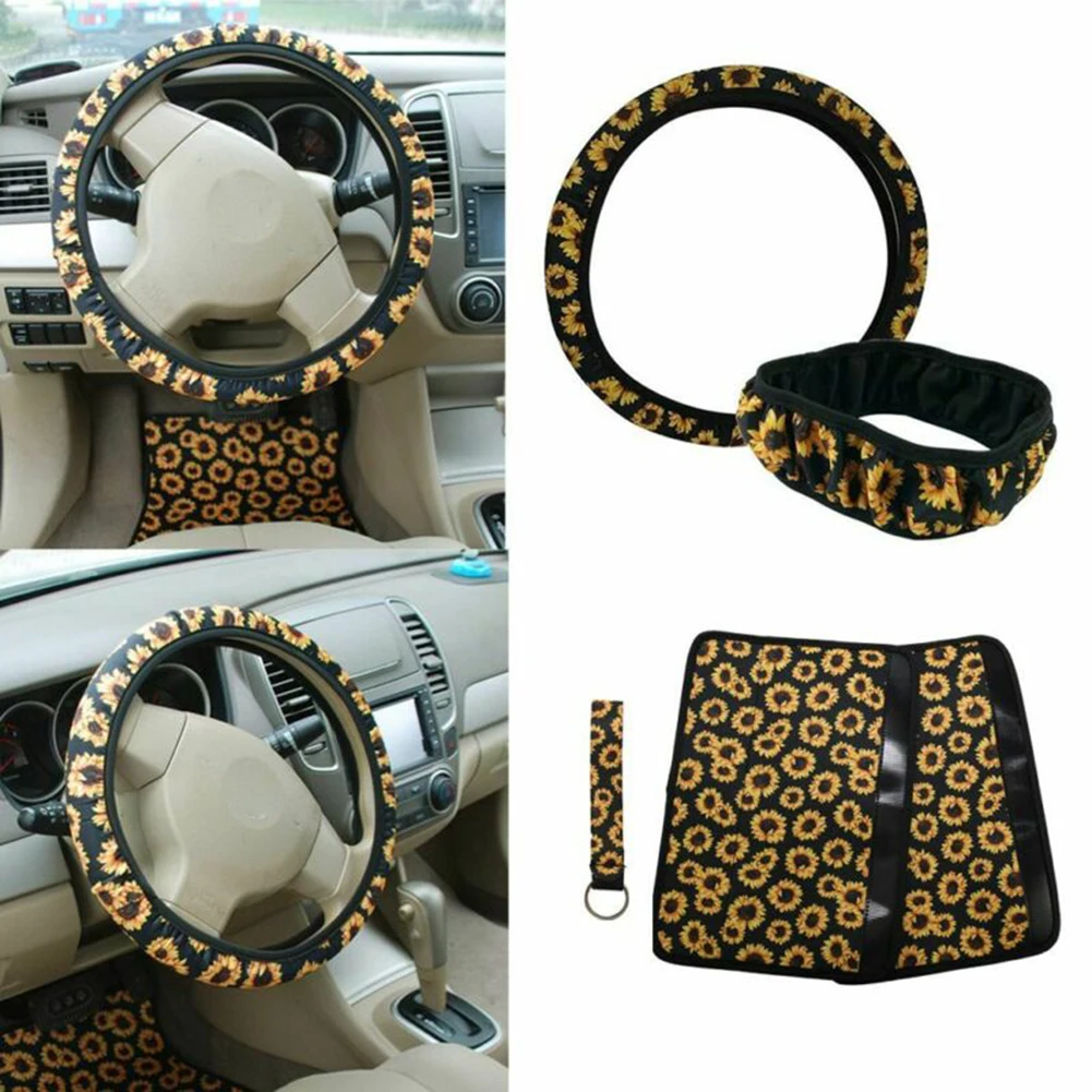 

4pcs/Set Steering Wheel Cover Car Auto Sunflower Print + Keychain Neoprene Anti-slip